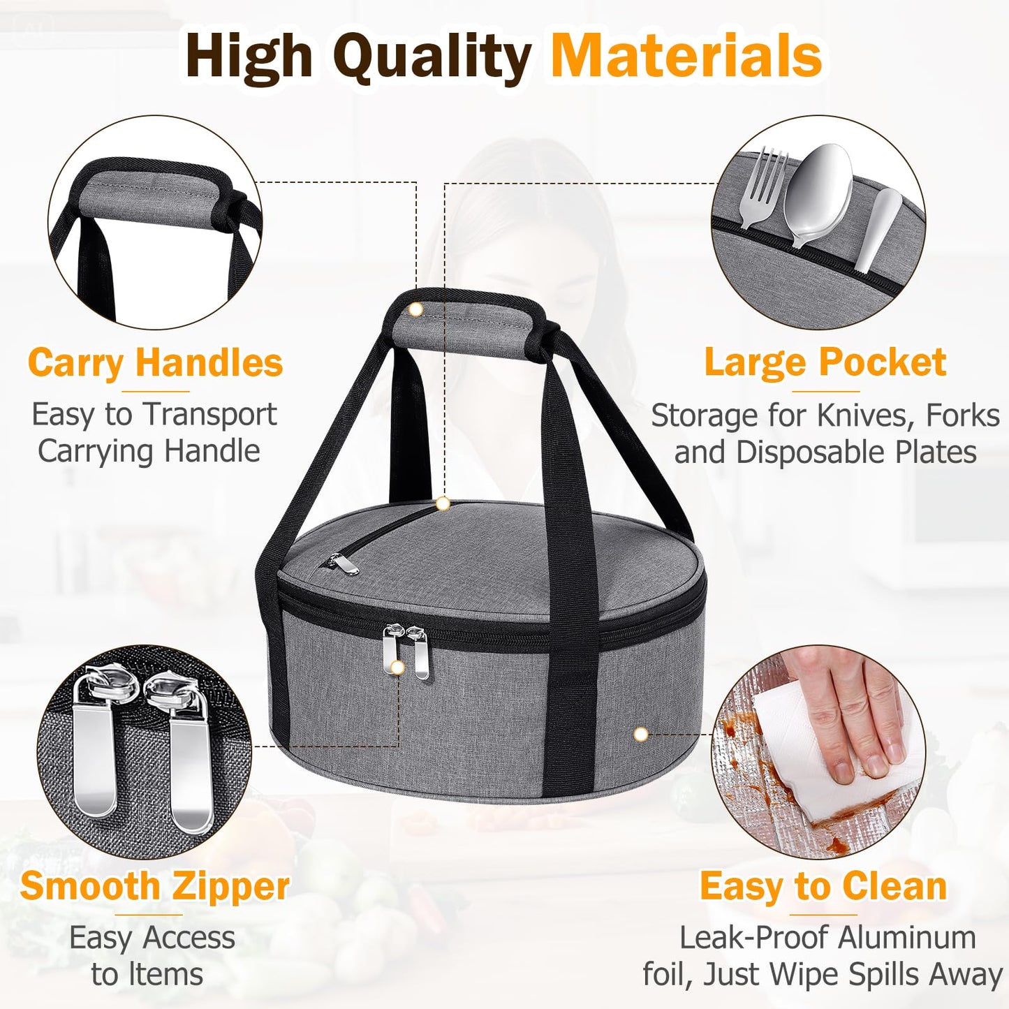 MIAOJIE Round Insulated Casserole Carrier, Pie Carrier Bag, Portable Casserole Carrier for Hot or Cold Food Lunch Tote, Lunch Bag for Parties Picnic, Fits 12.5" Baking Dish, Grey