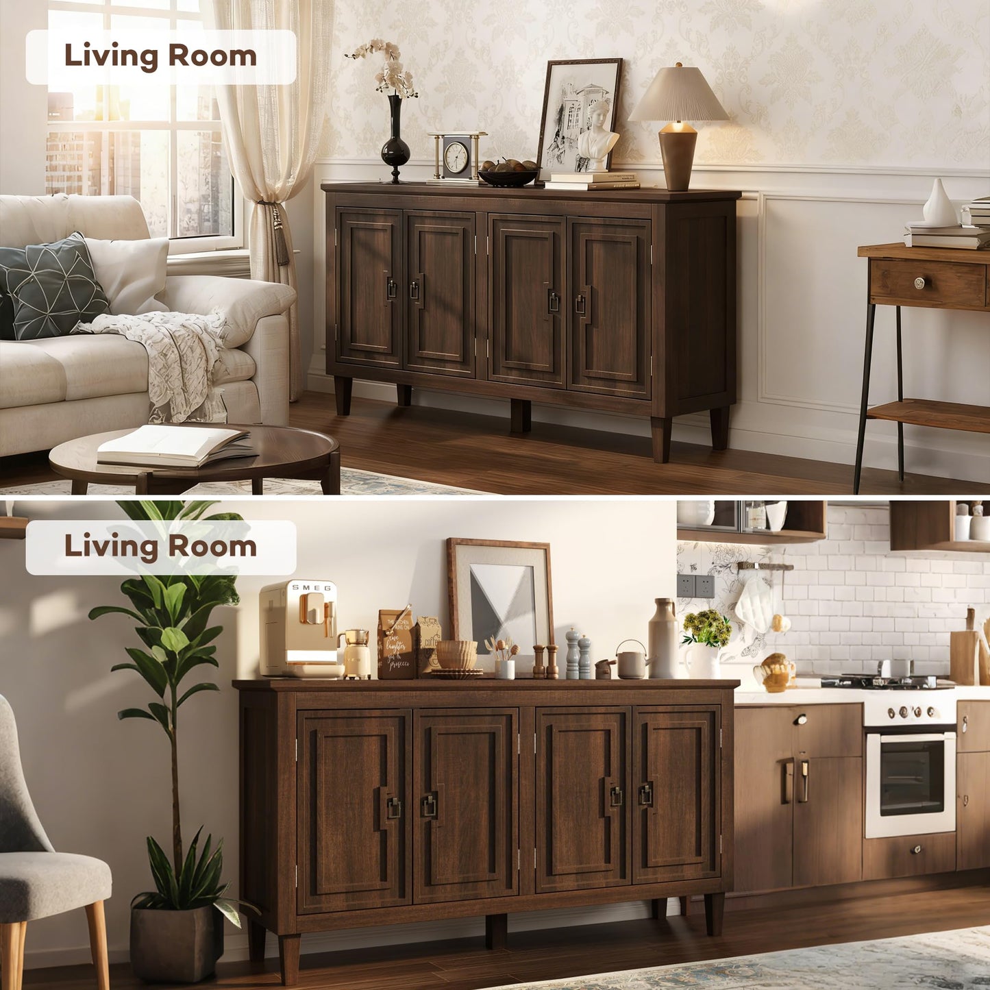 knoworld 60" Mid Century Sideboard Cabinet with 4 Doors,Solid Wood Storage Buffet Cabinet& Coffee Station,Organization Console for Dining Room & Living Room