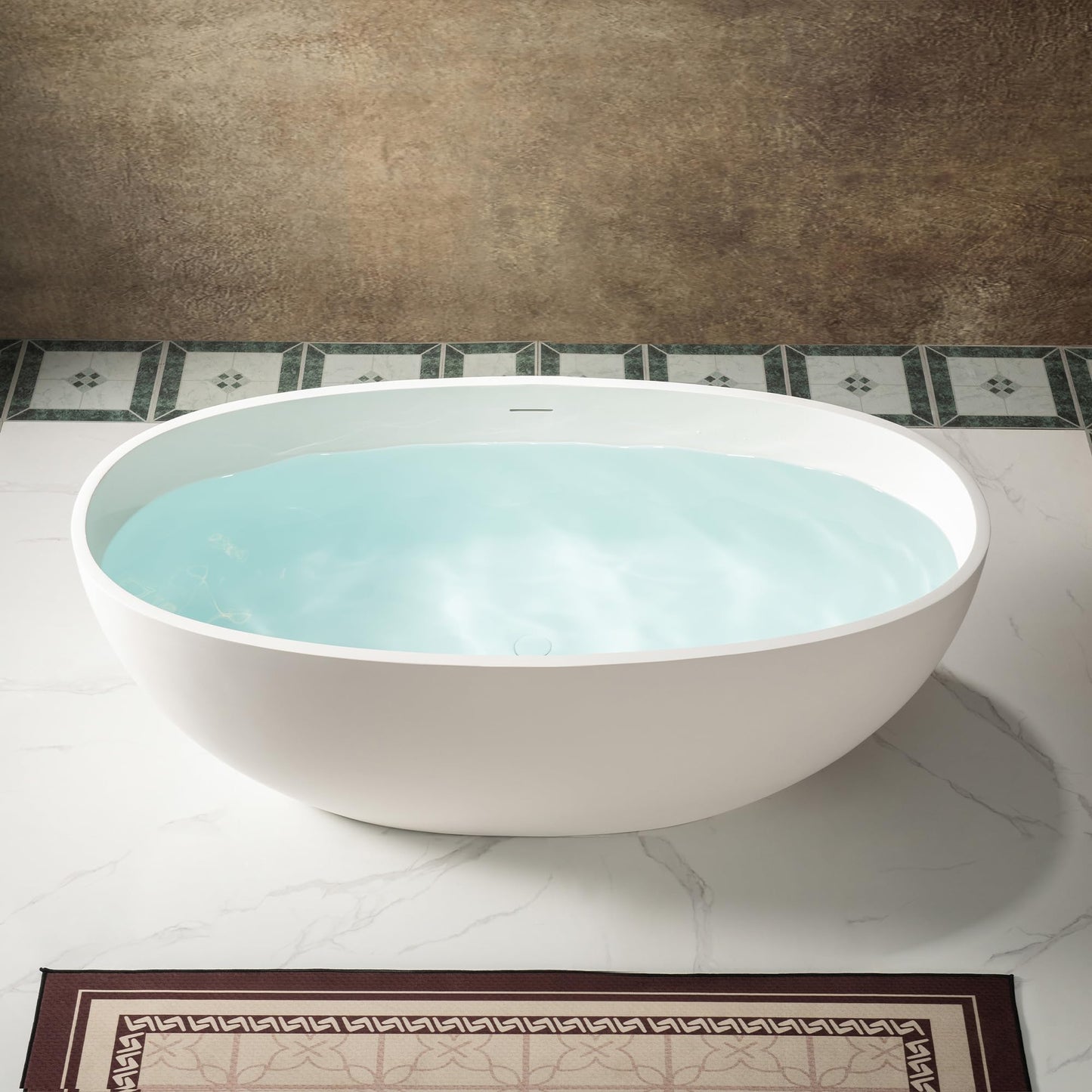 WOODBRIDGE 59" Stone Resin Freestanding Soaking Tub, Modern Oval Solid Surface Bathtub with Integrated Slotted Overflow & Drain, Matte White, B0055