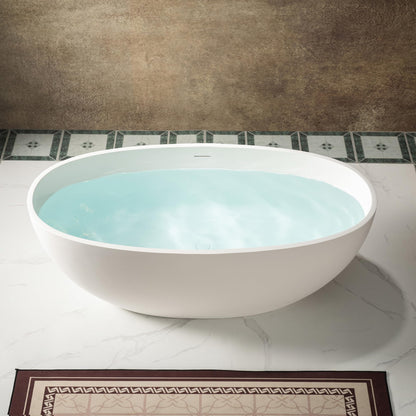 WOODBRIDGE 59" Stone Resin Freestanding Soaking Tub, Modern Oval Solid Surface Bathtub with Integrated Slotted Overflow & Drain, Matte White, B0055
