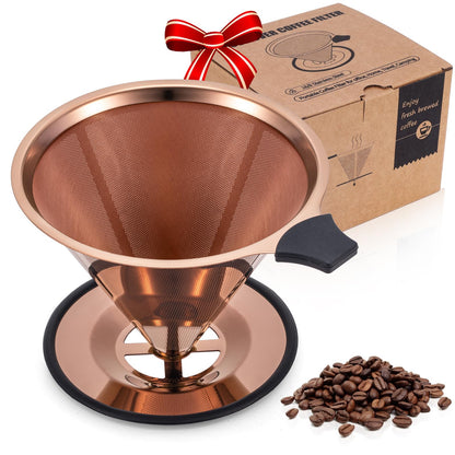 【2.0 Upgraded】Pour Over Coffee Dripper, Stainless Steel Drip Cone Brewer, Reusable Metal Coffee Strainer with Non-Slip Ring & Handle, Paperless Pour Over Coffee Maker (2.0 Titanium Copper)