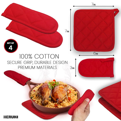 HERUKI Double Skewers Plus 2 Heat-Resistant Cast-Iron Handle Sleeves and 2 Potholders Bundle Premium Grill Kitchen Accessories for Kabob, Shawarma, Meat Fish Chicken BBQ Gift Set