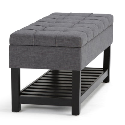 SIMPLIHOME Saxon Storage Ottoman Bench - 43 inch Wide Upholstered Linen Look Fabric Rectangle Storage Ottoman in Slate Grey, Transitional Bench for Bedroom with Tufted Lift-Top and Open Bottom Shelf