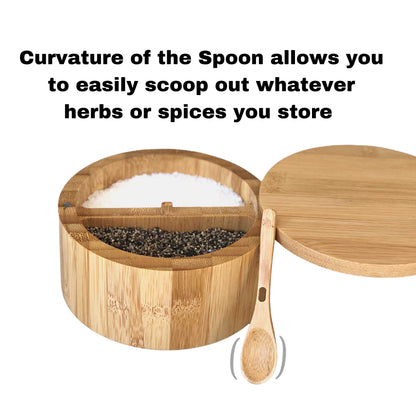 Bamboo Salt and Pepper Box - 2 Compartment - Built-in Serving Spoon - Swivel Lid with Magnet to Keep Dry, Dust-free - Salt Cellar Seasoning Container Holder Bowl- Divider with 7 Ounce Capacity