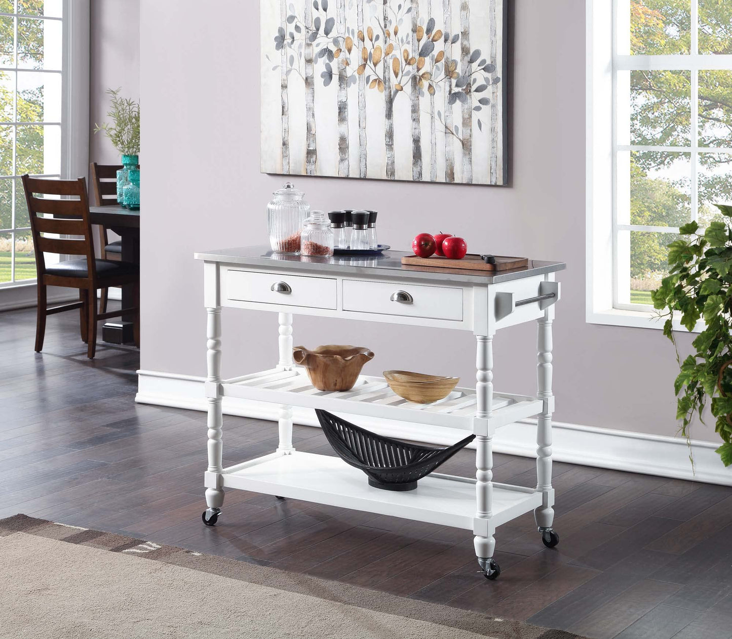 Convenience Concepts French Country 3-Tier Stainless Steel Kitchen Cart with Drawers, White