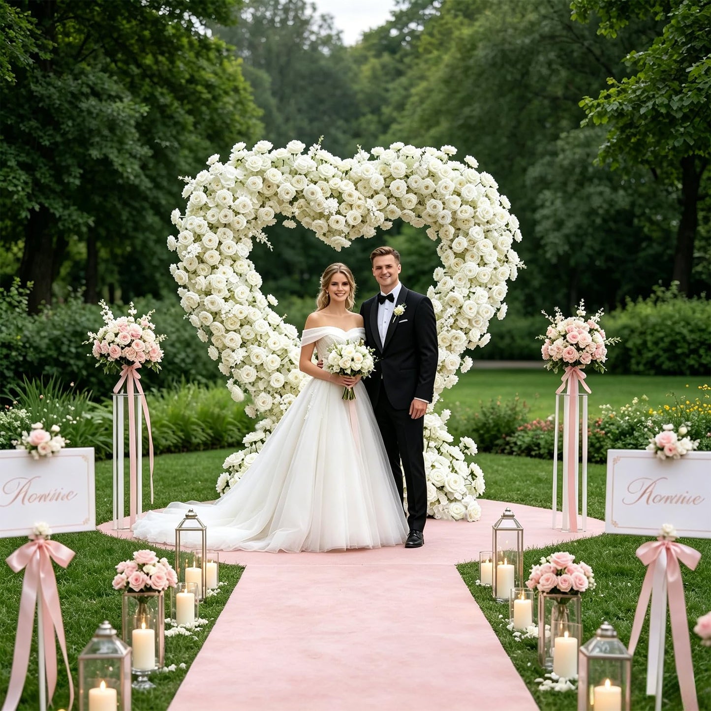 6.56×6.56ft Heart-Shaped Artificial Flower Arch Backdrop with Fabric Base, Floral Decor for Wedding Arch, Ideal for Birthday Banquets & Outdoor Party Scene Decoration (White, Arch Frame Not Included)