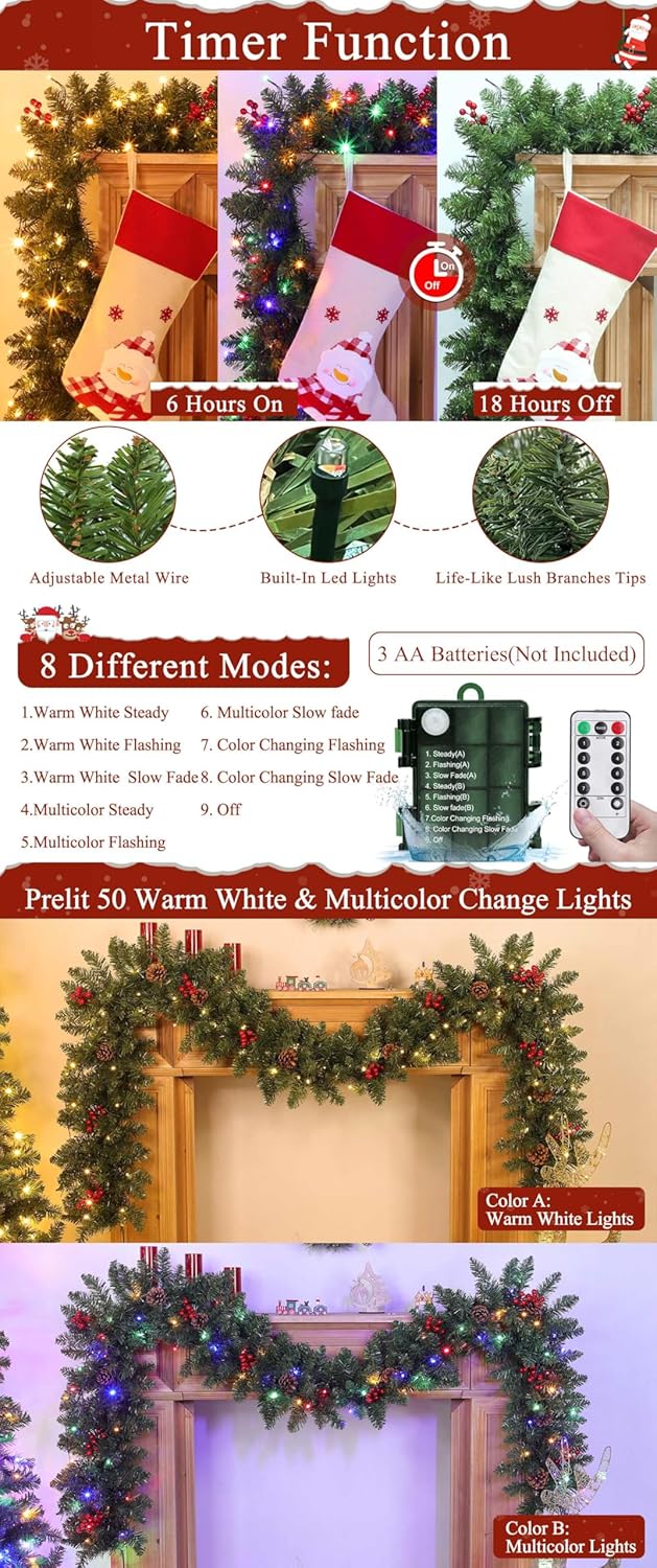 9 8 TURNMEON Dual Color Change Ft Prelit Christmas Garland Remote Control Warm White & Multicolor Lights Timer Modes