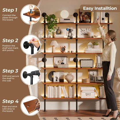 Anynice 6-Tier Ladder Shelf with Warm LED Light Strip, Solid Pine Wood Wall Mounted Bookshelf in Walnut Brown, 60-Inch Industrial Pipe Bookcase for Living Room, Bedroom, Home Office