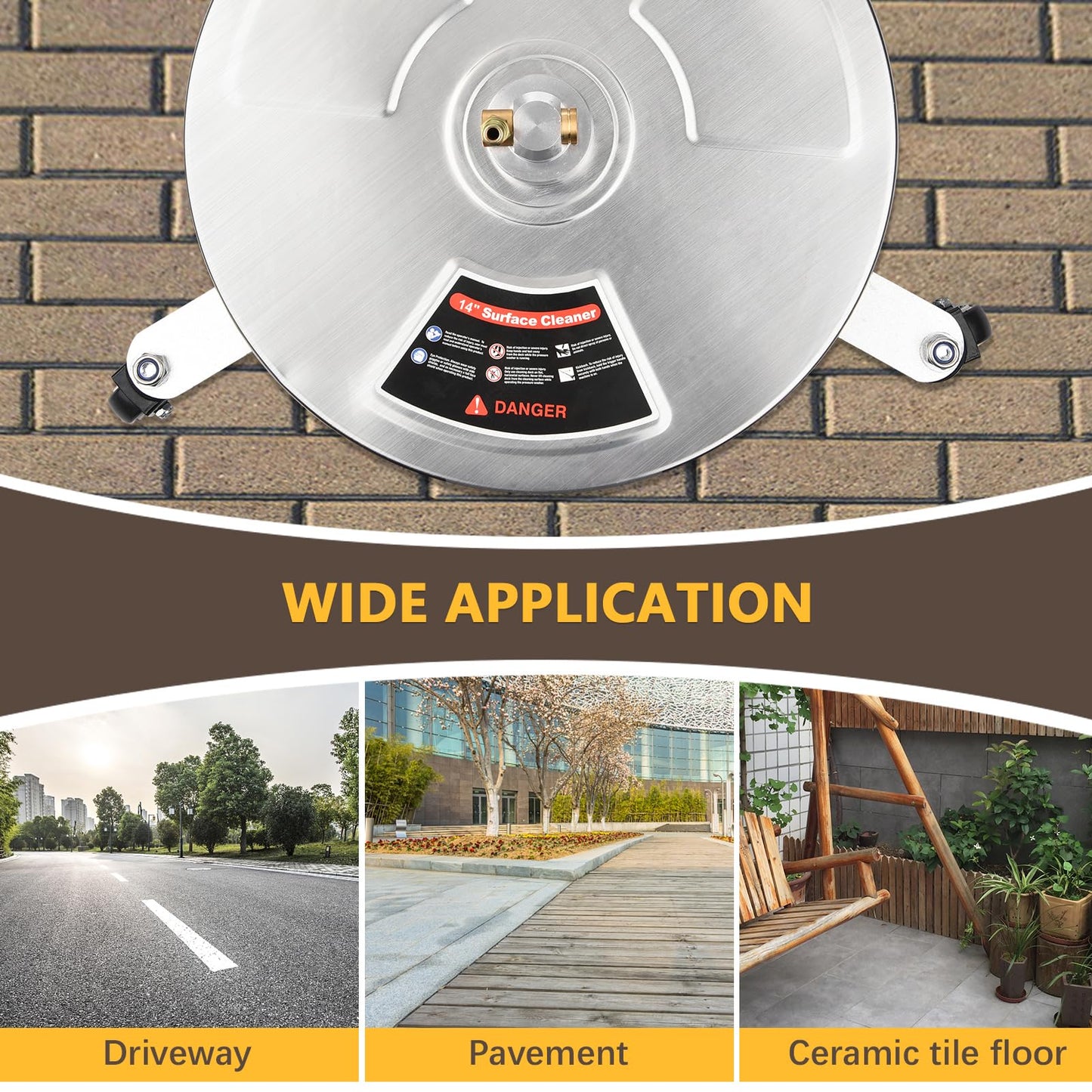 TRELVEX 14 Inches Pressure Washer Surface Cleaner Stainless Steel Housing Power Washer Accessory with 4 Wheels 1/4 Inch Quick Connector 2 ExWand Attachments 4000 PSI for Cleaning Driveways Sid