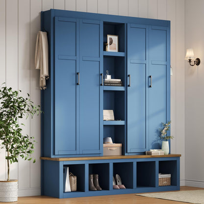 Virubi 4-in-1 62.9" Wide Hall Tree with Bench and Shoe Storage, Farmhouse Wood Entryway Bench with Coat Racks, Doors, 6 Hooks and Storage Shelves for Living Room (Blue)
