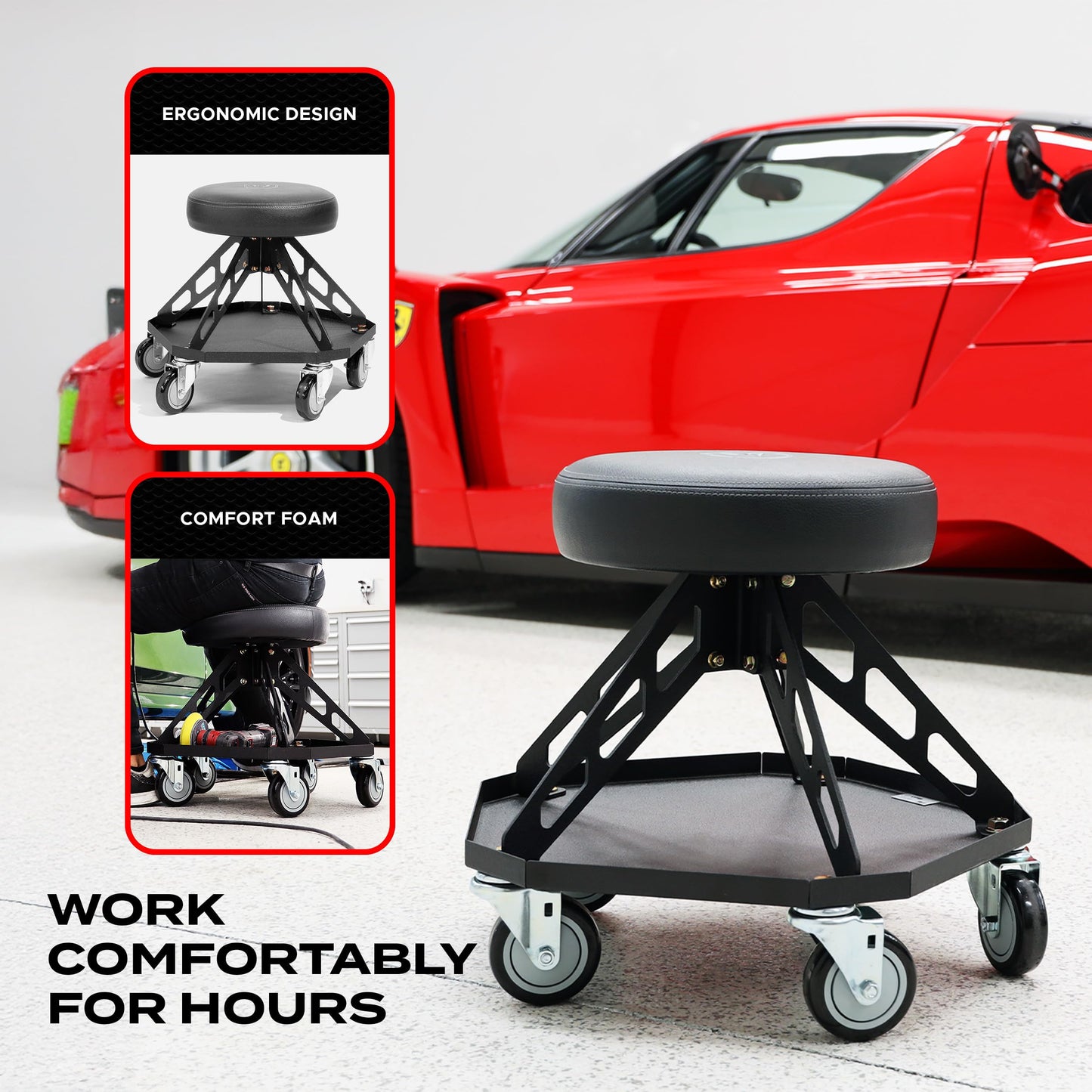Vyper Robust Steel Pro Shop Chair for Mechanics, Automotive, DIY - 400 lb Capacity Garage Stool, Large Wheels (Black Seat, Red Frame)
