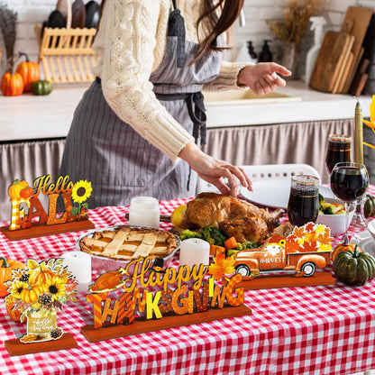Blosssound 6 Pcs Fall Table Decorations Wooden Thanksgiving Table Signs Hello Fall Truck Gnomes Pumpkin Sunflower Centerpieces for Autumn Harvest Happy Thanksgiving Party Decor Supplies Gifts