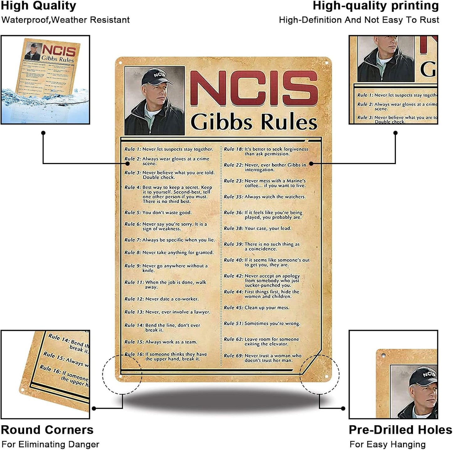 Retro Poster Tin Sign, NCIS-Gibbs-Rule Printed Canvas Decoration, Funny Family Cafe Kitchen Bathroom Wall Decor 8x12