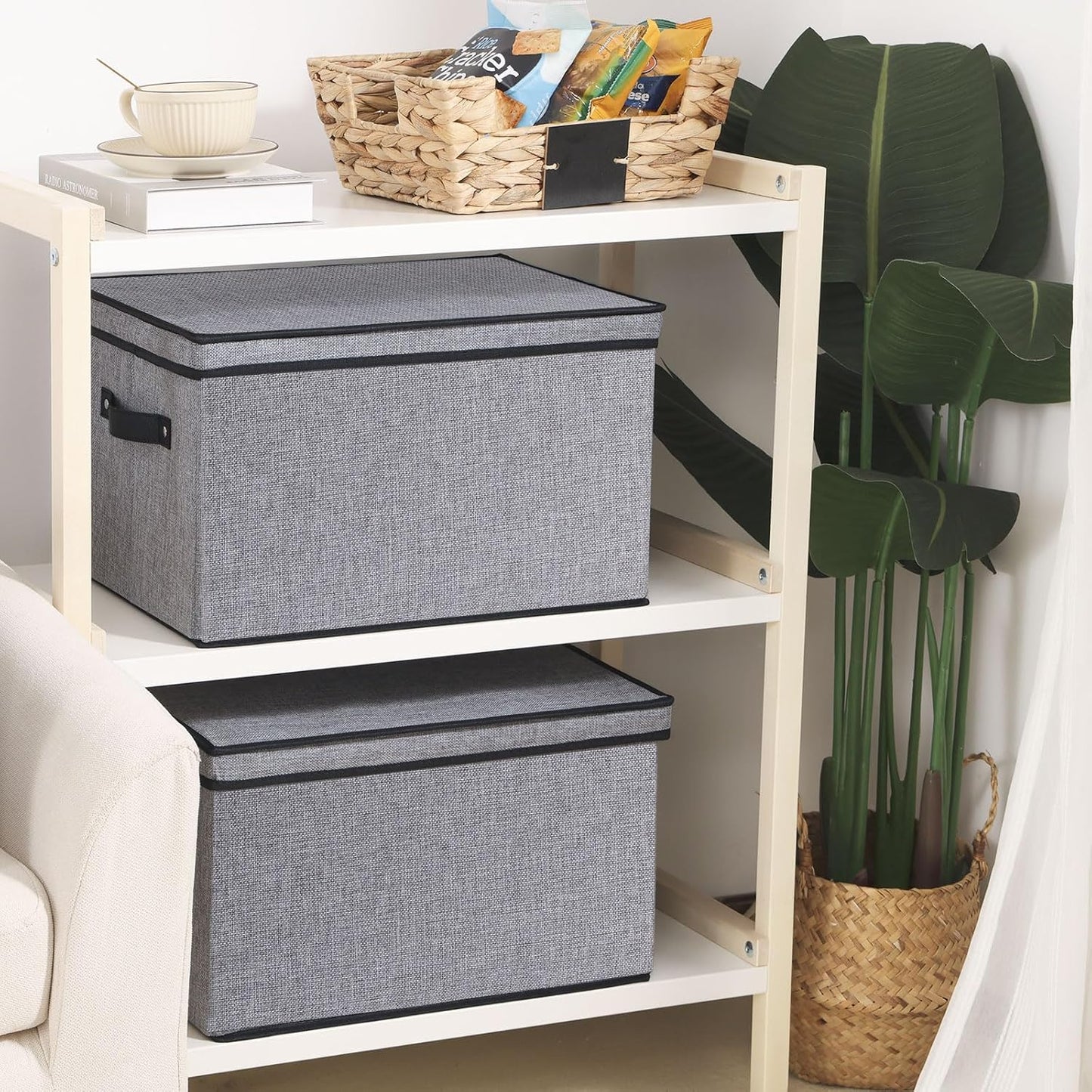 Fabric Storage Boxes, 15 x 9.8 x 8.3 Inch Bins with Lids, Medium Gray Decorative Linen Closet Organizers with Handles,