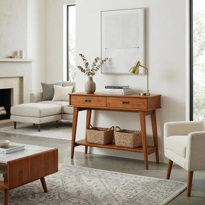 SIMPLIHOME Draper Console Table - 42 inch Wide Solid Wood Entryway Table in Teak Brown, Mid-Century Modern Accent Table for Hallway and Living Room with 2 Drawers and Open Shelf