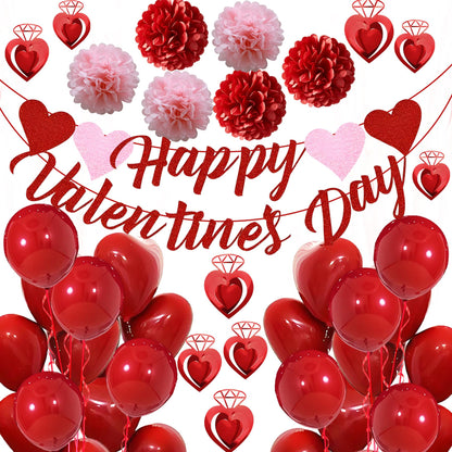 Valentines Day Decorations, Happy Valentines Day Banner and Red Heart Balloons for Valentines Decor with Paper Flowers and Heart Hanging Decor