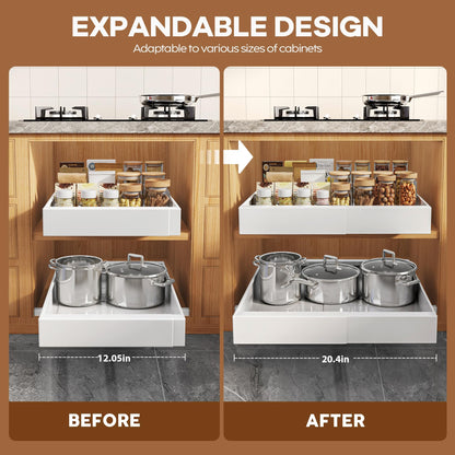 Seinloes 2Pack Expandable Pull Out Cabinet Organizer 21"Deep With Raising Pad for Framed Cabinets, Upgrade 3 Slide Rails Slide Out Drawers, Roll Out Shelves Adhesive,Adjustable Width 12.05"-20.4"White