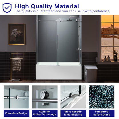 Woodbridge Frameless Bathtub Shower Doors 56-60" Width x 62" Height with 3/8"(10mm) Clear Tempered Glass in Chorme Finish