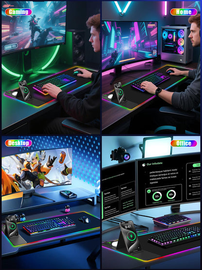 Mouse Pad with Wireless Charging, Large Desk Mat RGB Gaming Mousepad, 10 Light Colors LED Gaming Pad Keyboard Pad with Ultra-Smooth Surface & Non-Slip Rubber Base, Waterproof Full Desk Mouse Pad