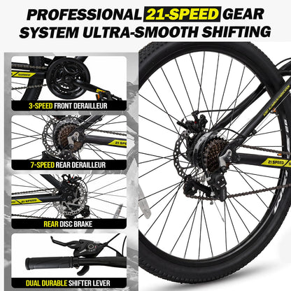 WEIZE Mountain Bike, 26/27.5-Inch Adult Bike, 21-Speed Rear Disc Brake, Lightweight Aluminum Frame for Men and Women, Comfort Saddle for Outdoor Trail Riding,Black