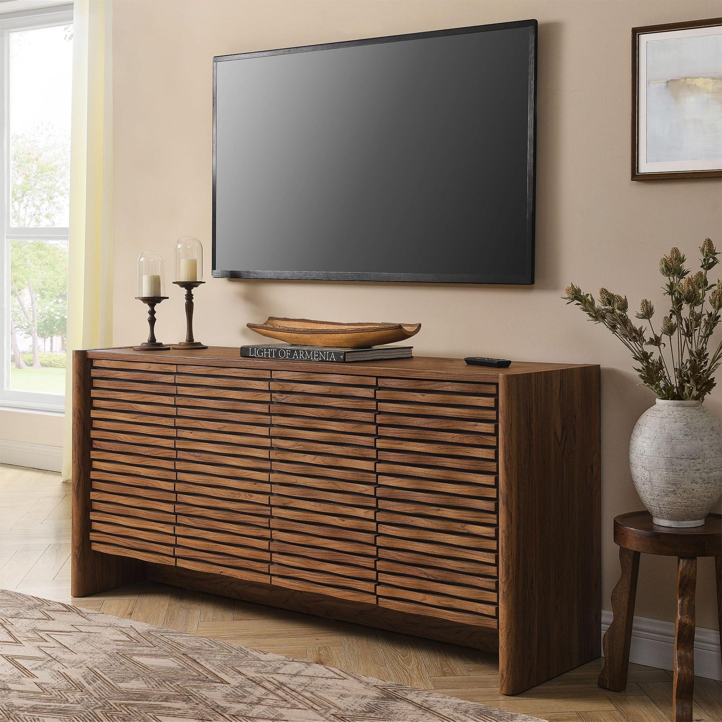 Modway Emric Wave 66-Inch Mid-Century Modern Sideboard Buffet Cabinet in Walnut