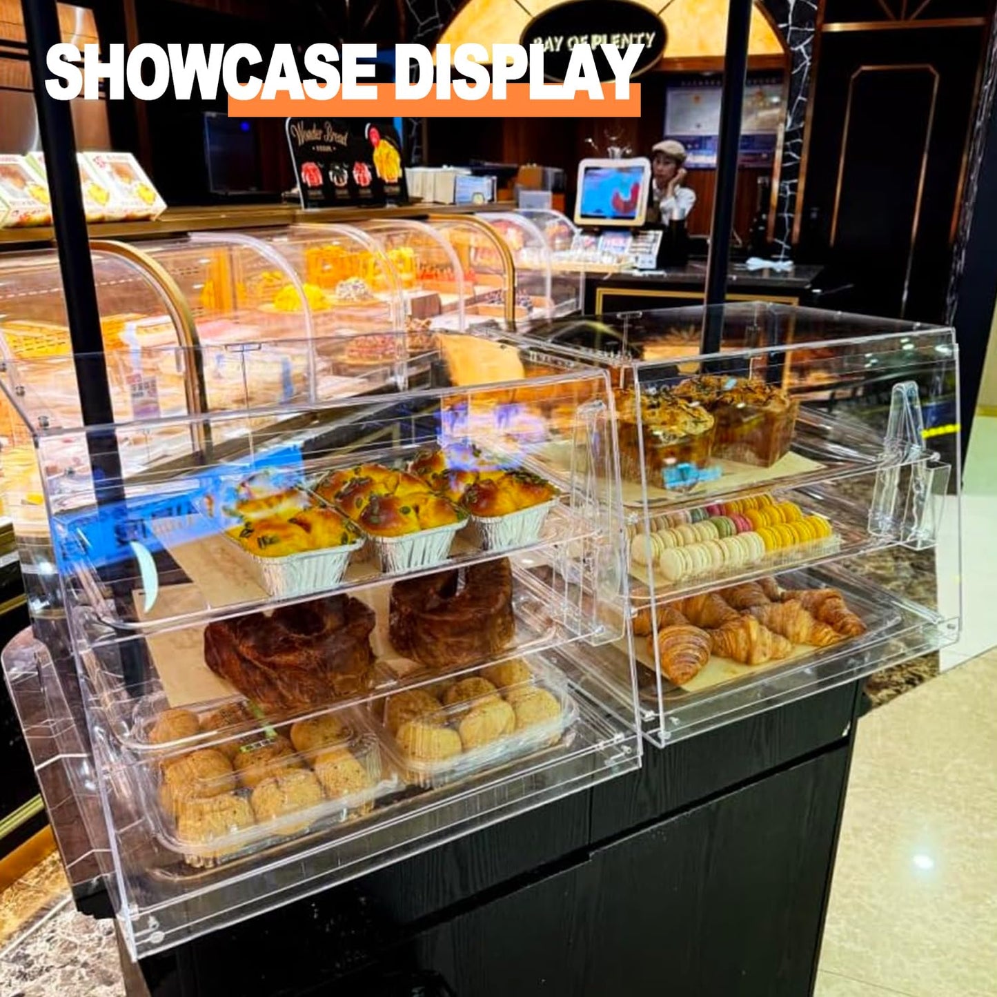 2PCS 20.9”W x 17.3”D x 16.7”H ,3-Tray Bakery Display Case, Acrylic Clear Display Case Countertop for Bread Pastry Dessert Food Cookie Display, Display Cabinet Box for Baking Enthusiasts