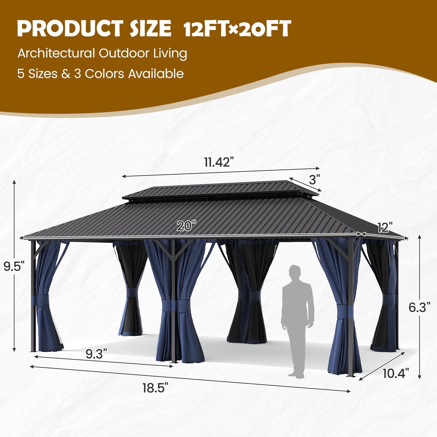 UDPATIO 12'x20' Hardtop Gazebo, Outdoor Metal Gazebo with Galvanized Steel Double Roof, Permanent Pavilion with Netting and Curtains for Lawn, Garden, Patio, Navy Blue