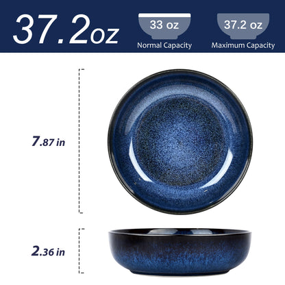 Ollieroo 4 Pieces 7.8 Inch Ceramic Pasta Bowls Set, 37oz Porcelain Reactive Glaze Salad Bowls Set, Large Serving Bowls Set for 4, Wide Bowls for Soup, Cereals, Fruit, Dishwasher Microwave Safe, Blue