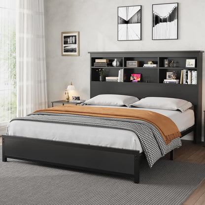 Garvee Queen Platform Bed Frame with Bookcase Headboard, Charging Station (USB & Type‑c), Tall Wooden Headboard, 9.6" Underbed Storage, No Box Spring Needed, Black