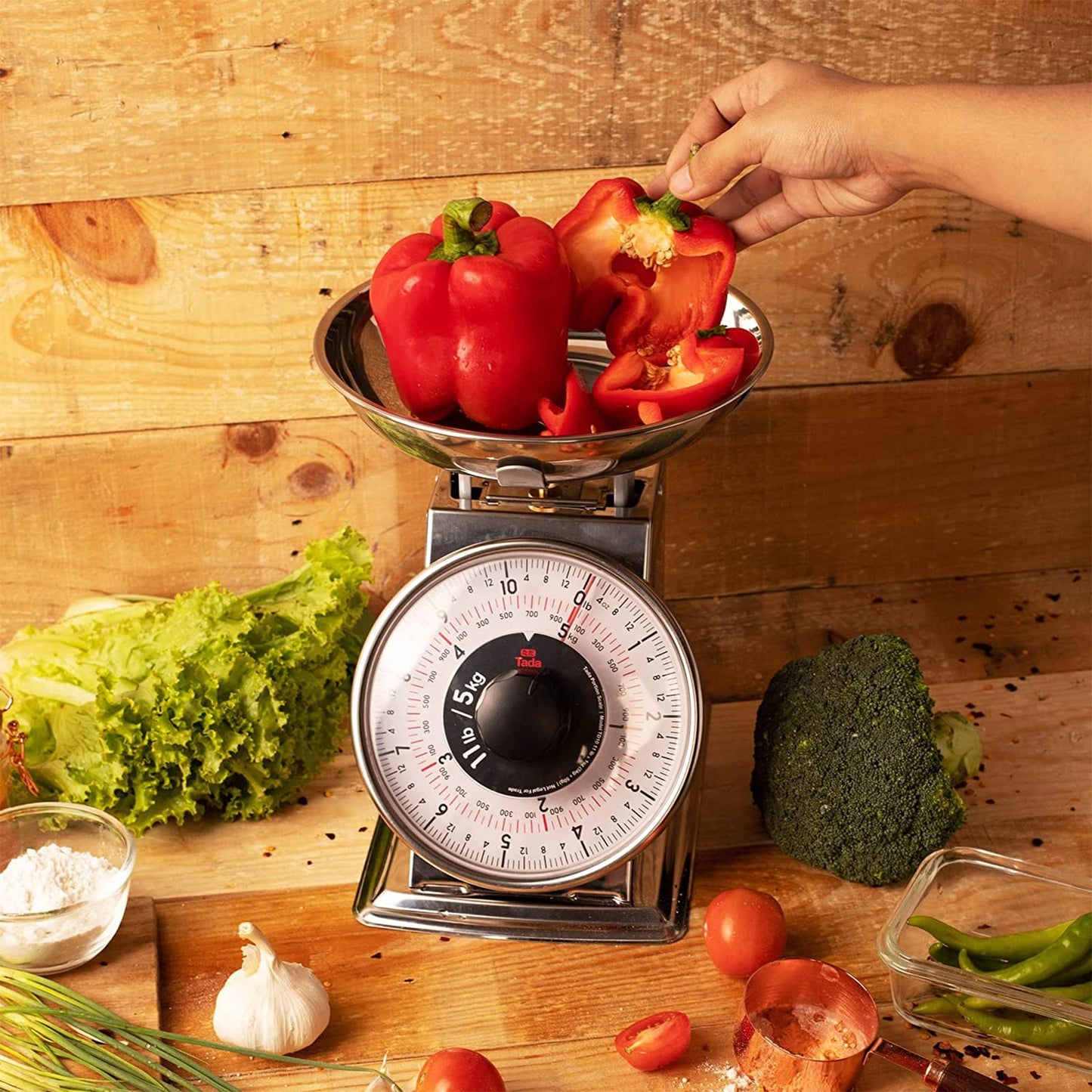 Tada 11lb Analog Mechanical Kitchen Weighing Food Scale with Bowl, Tare Function, Retro Style, Stainless Steel