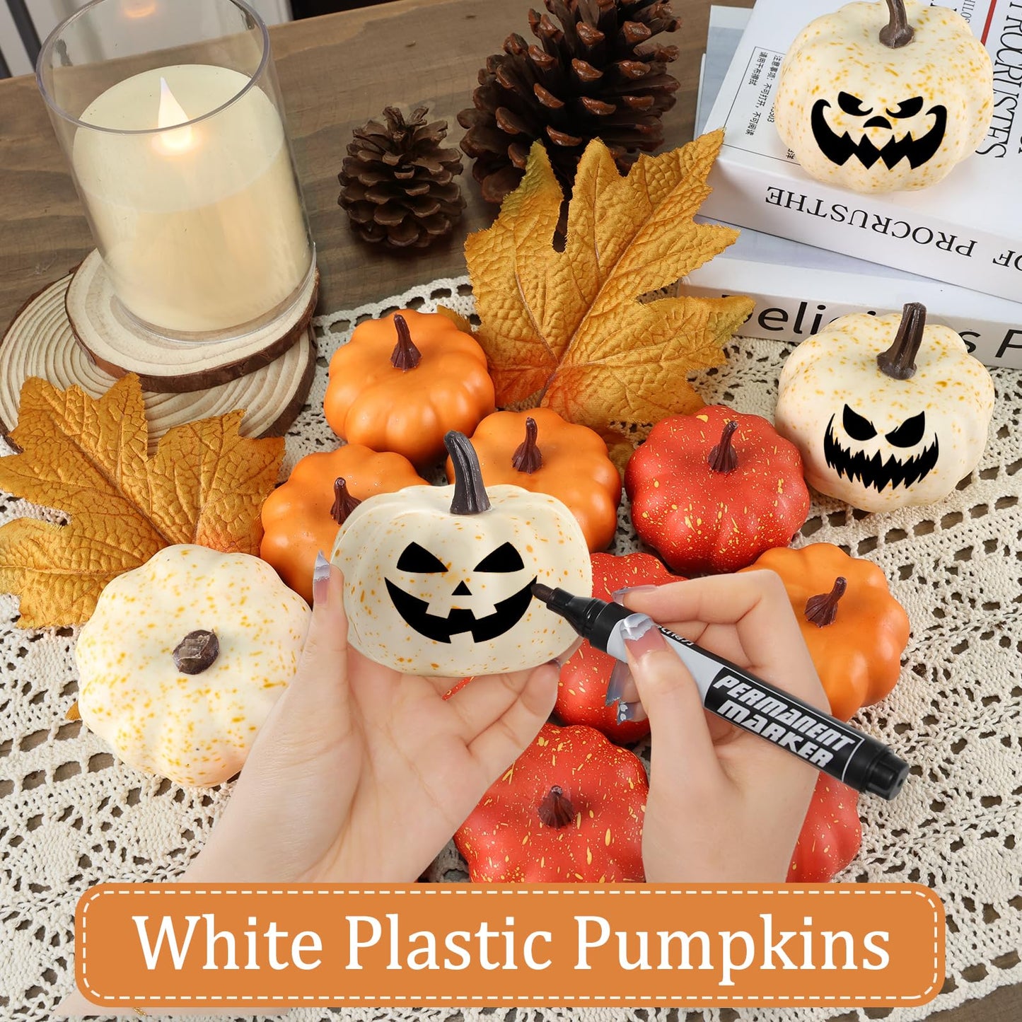 LZNPA 16PCS Artificial Mini Fake Pumpkins Set with Fall Leaves，Foam Plastic Carvable DIY Small White Craft Pumpkins Decor for Thanksgiving Halloween Home Fall Porch Table Decor