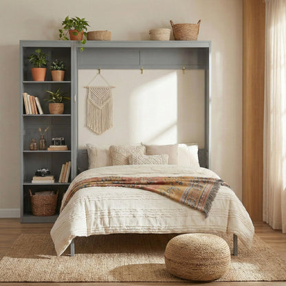 Merax Space-Saving Gray Murphy Bed Queen Size with Adjustable Storage Shelves, Multifunctional Foldable Wall Bed for Small Spaces Studio Study Office Guest Room