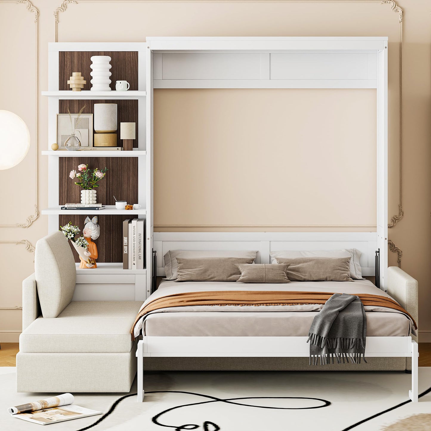 Ball & Cast Murphy Bed Queen Size Wall Chest with Sofa and Shelves,Wood Hideaway Cabinet Platform Bedframe w/Slat Support,can be Folded,Space-Saving,for Small Room,Dorms,White