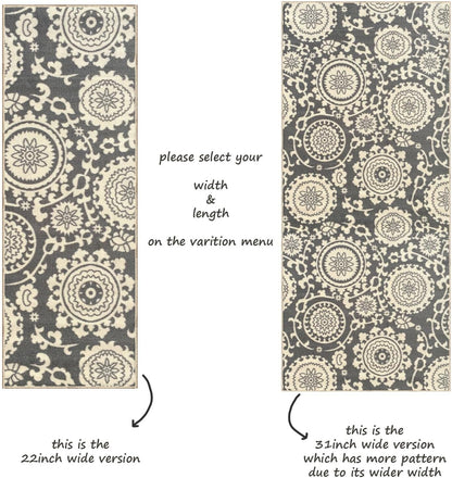 Custom Size Grey Floral Medallion Rubber Backed Non-Slip Hallway Stair Runner Rug, 22 inch Wide