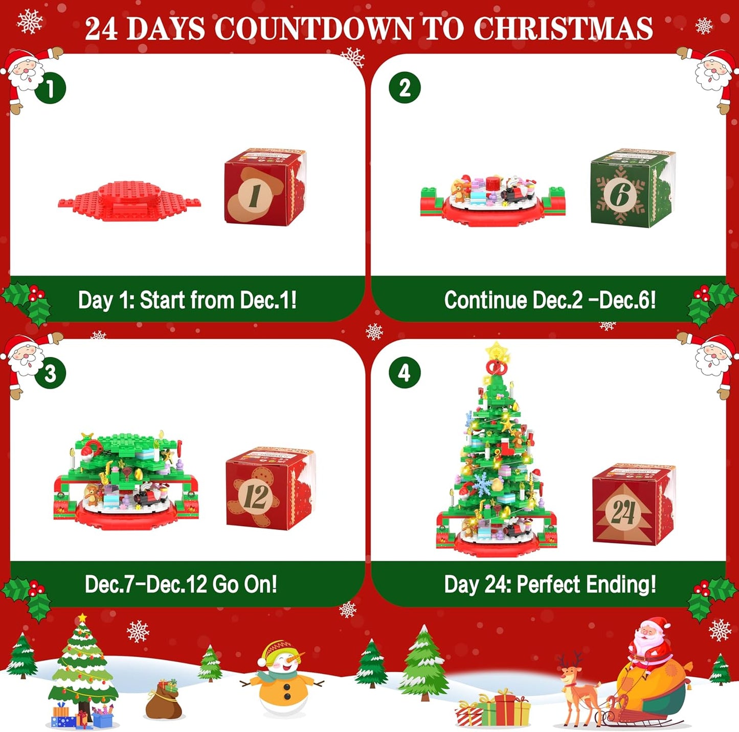 Advent Calendar 2024 Christmas Tree Building Set, 24 Boxes Christmas Countdown Calendar with Warm Light for Adults