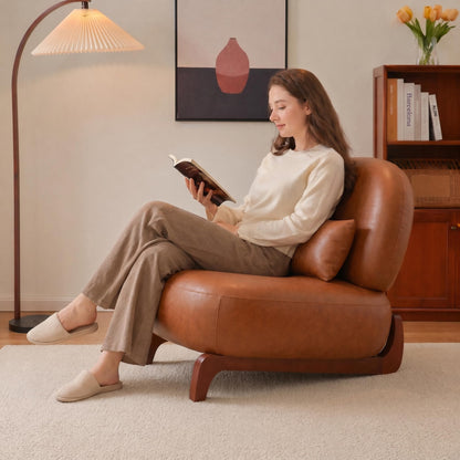Trygoal Mid Century Modern Leather Armless Accent Chair, MCM Curved Back Lounge Chairs with Tilted Solid Wood Legs & Thick Lumbar Pillow, Single Cloud Sofa for Living Room Reading Nook (Brown)
