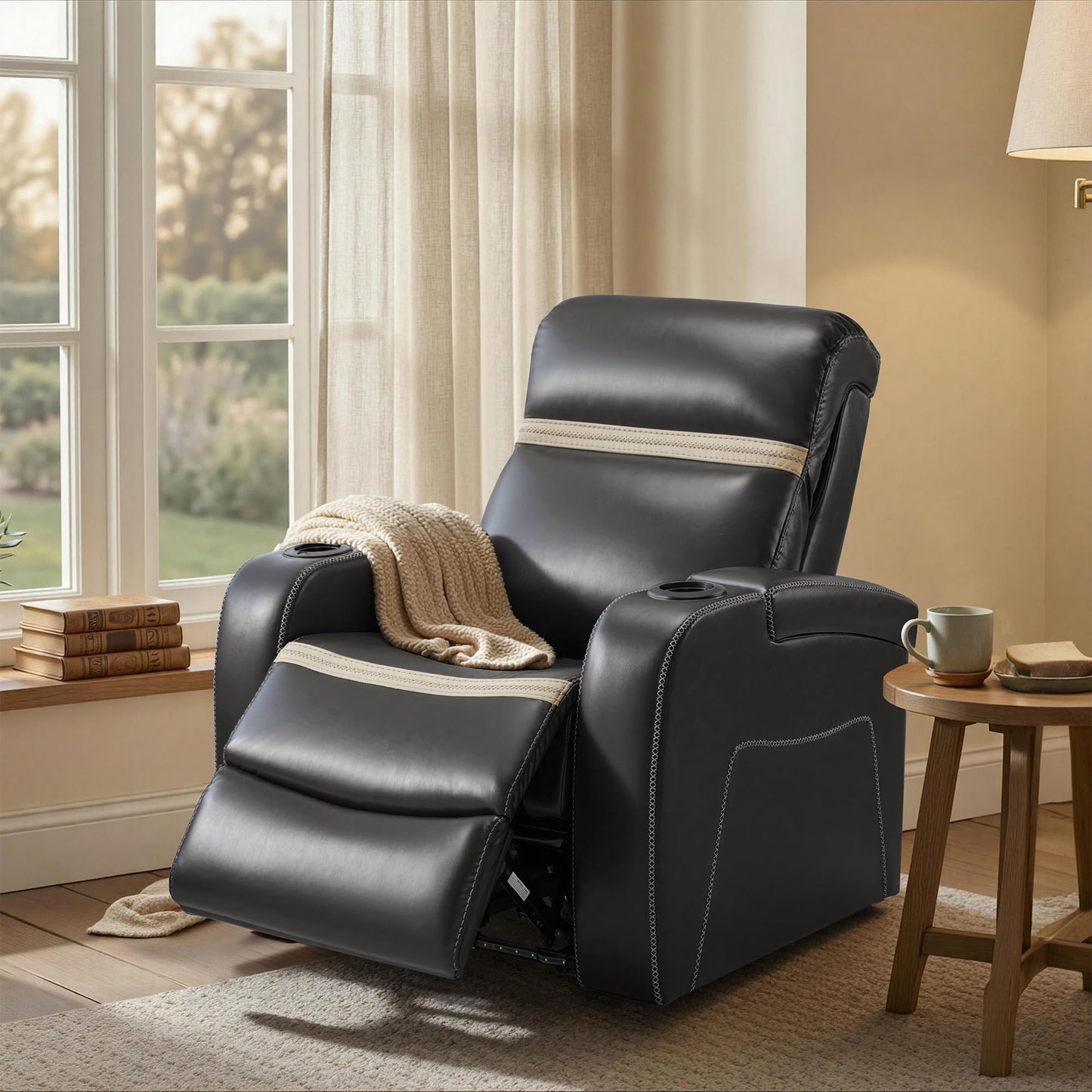 MCombo Power Recliner Chairs, Leather Recliner Chair for Adults, Home Theater Seating with Adjustable Headrest, USB Ports, LED Light & Armrest Storage, Recliners for Living Room HTS400 (Neutral Grey)