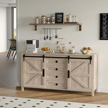 IDEALHOUSE 60" Farmhouse Sideboard Buffet with Storage Drawer & Sliding Barn Doors | Rustic Wood Coffee Bar Cabinet | Multi-Functional for Dining Room Kitchen, As TV Stand & Console Table