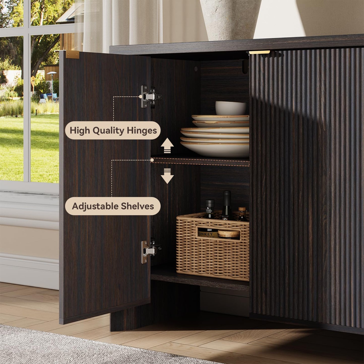 MorganBrig 63" W Walnut Sideboard Buffet Cabinet with Storage, Fluted Accent Console Cabinet, Mid Century Modern Credenza for Living Room Kitchen Entryway Dining Room, Dark Walnut