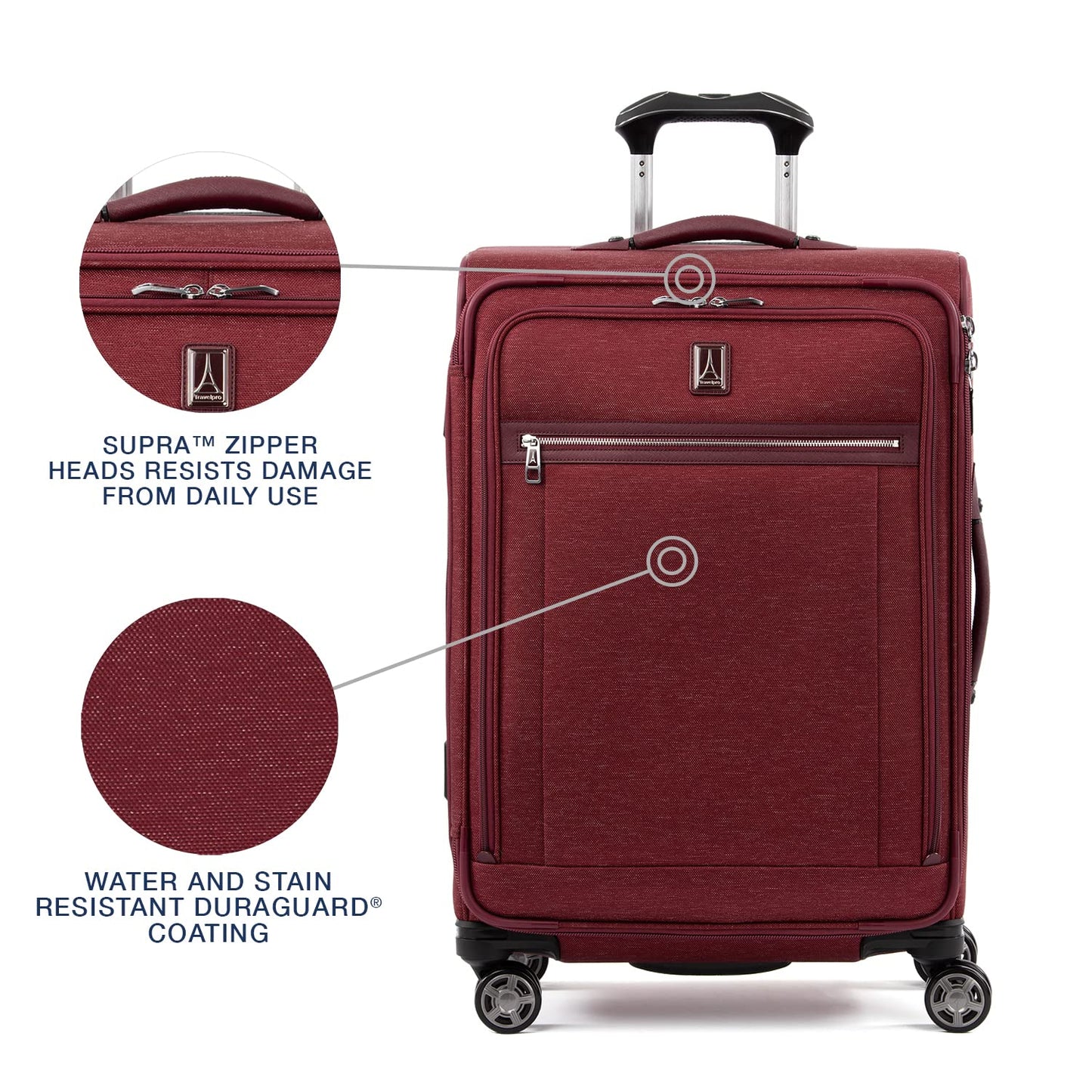 Travelpro Platinum Elite Softside Expandable Checked Luggage, 8 Wheel Spinner Suitcase, TSA Lock, Men and Women, Bordeaux Red, Checked Medium 25-Inch