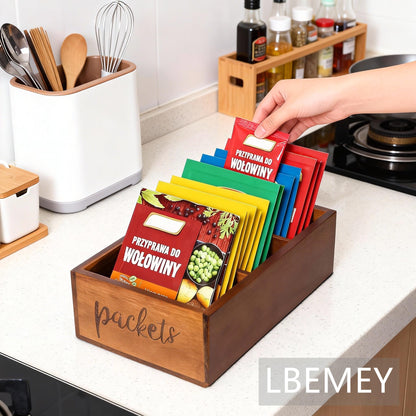 LBEMEY Packet Organizer, Acacia Wood Packet Storage Organizer with 3 Compartments,Farmhouse Kitchen Organization for Spice, Gravy, Taco, and Dressings Packets for Kitchen, Brown Labeled Packets