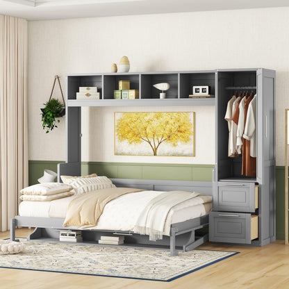 Merax Queen Size Murphy Bed, Wall with Closet and Drawers, Storage Space Saving Muti-Functional Beds Frame for Home Office Guest Room, Gray