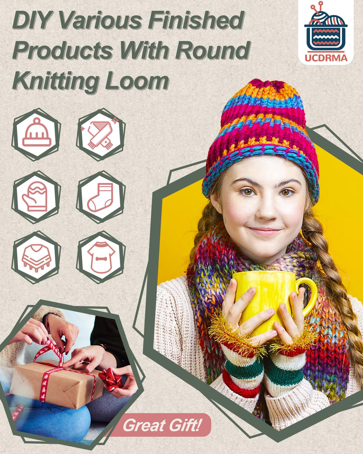 UCDRMA Loom Knitting Kit with Yarn, 23PCS Round Knitting Loom Kit for Beginners Including Instructions and Pom Pom Maker, Easy & Quick Hat Knitting Loom Set/Scarf Loom Knitting Set for Family