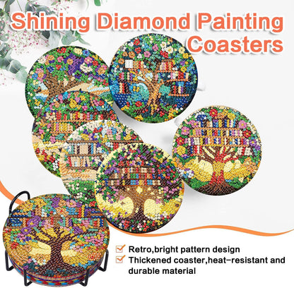 ijbnhd 8 Pcs Diamond Art Coasters Kits, Tree of Life Diamond Painting Coasters Kit with Holder, Diamonds Art Non Slip Coaster Crafts Kits for Adults Gifts 4x4 inch (Cork Wooden Pad)