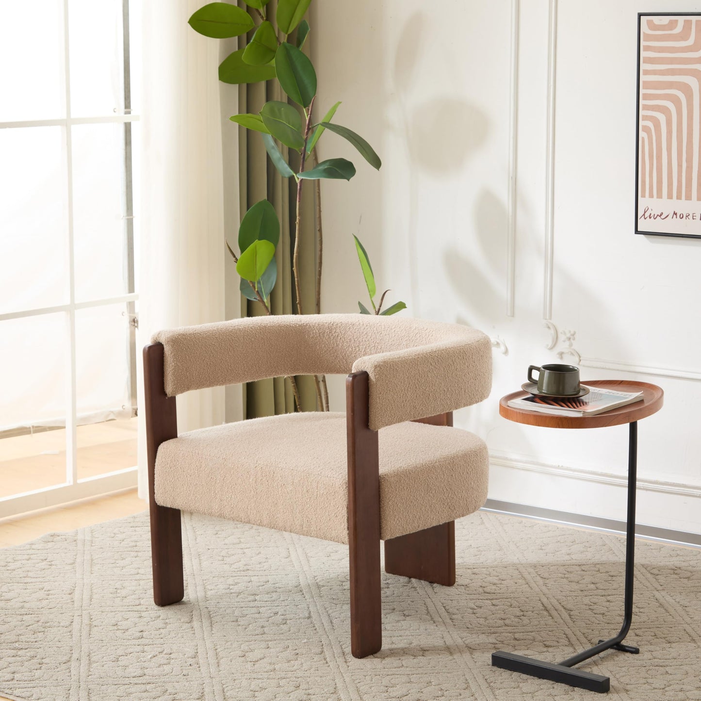 Merax Boucle Upholstered Accent Chair, Modern Barrel Armchair with Wooden Legs, Comfy Lounge Reading Chair for Living Room Bedroom Office, Soft Fabric Single Sofa Chair, Light Camel