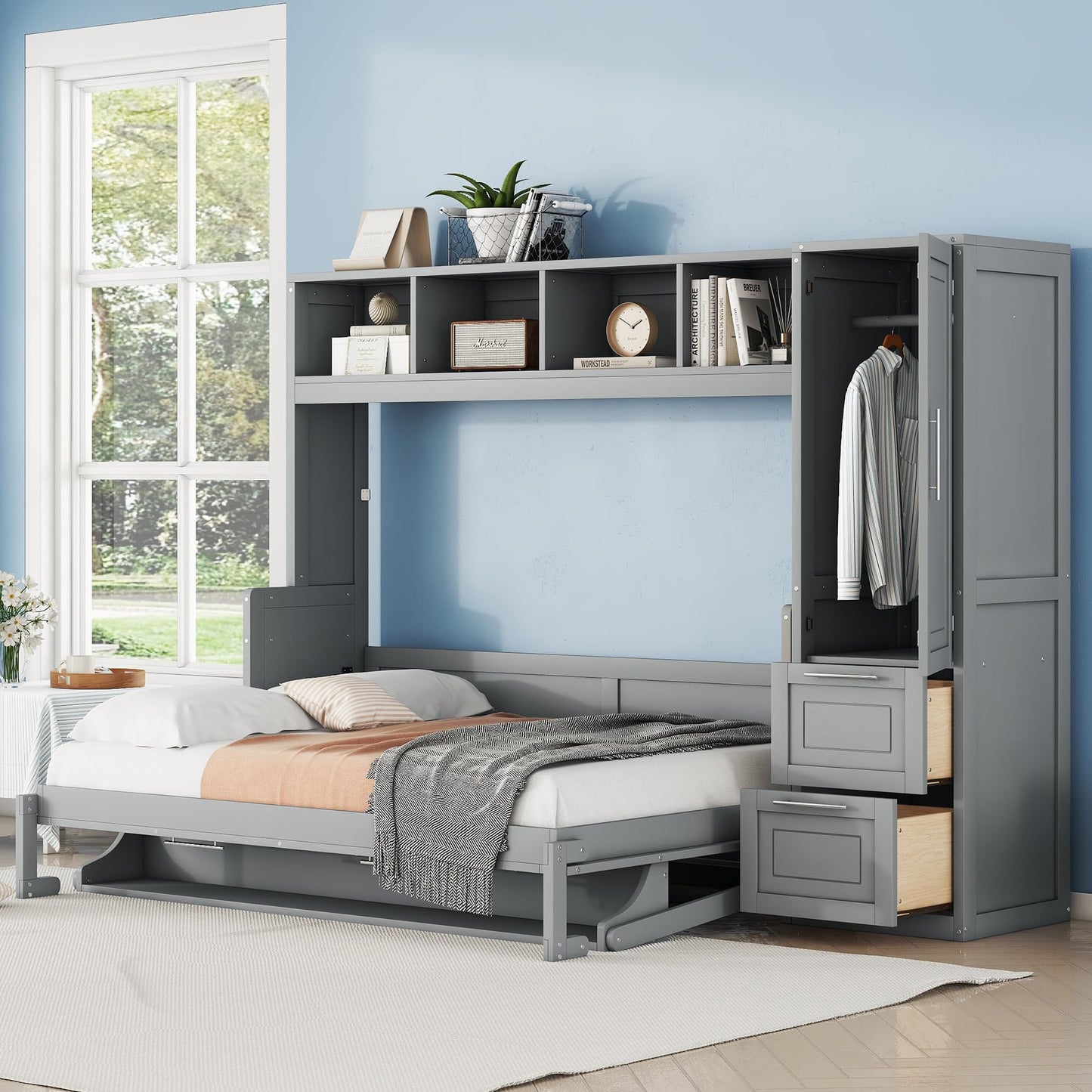 Merax Full Size Murphy Bed, Wall with Closet and Drawers, Storage Space Saving Muti-Functional Beds Frame for Home Office Guest Room, Gray