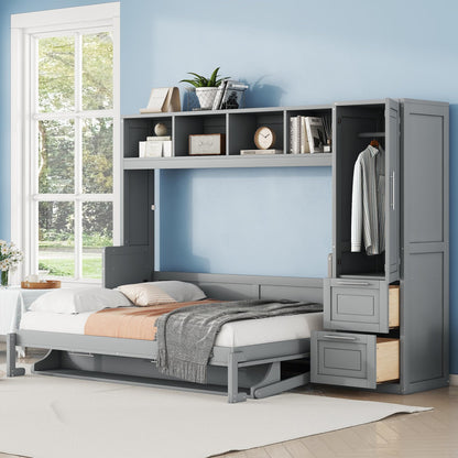 Merax Full Size Murphy Bed, Wall with Closet and Drawers, Storage Space Saving Muti-Functional Beds Frame for Home Office Guest Room, Gray