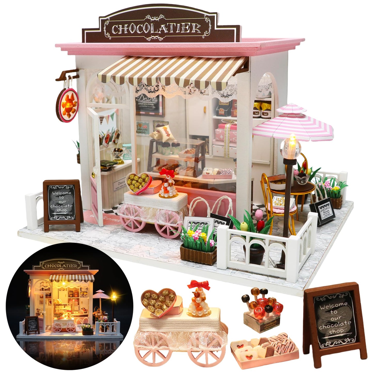 Miniature House Kit, Miniature Dollhouse for Beginners, DIY Dollhouse Kit for Adults to Build, Model Building Craft Diorama Kit, Ideal Gifts for Birthday Christmas(Chocolate Shop)