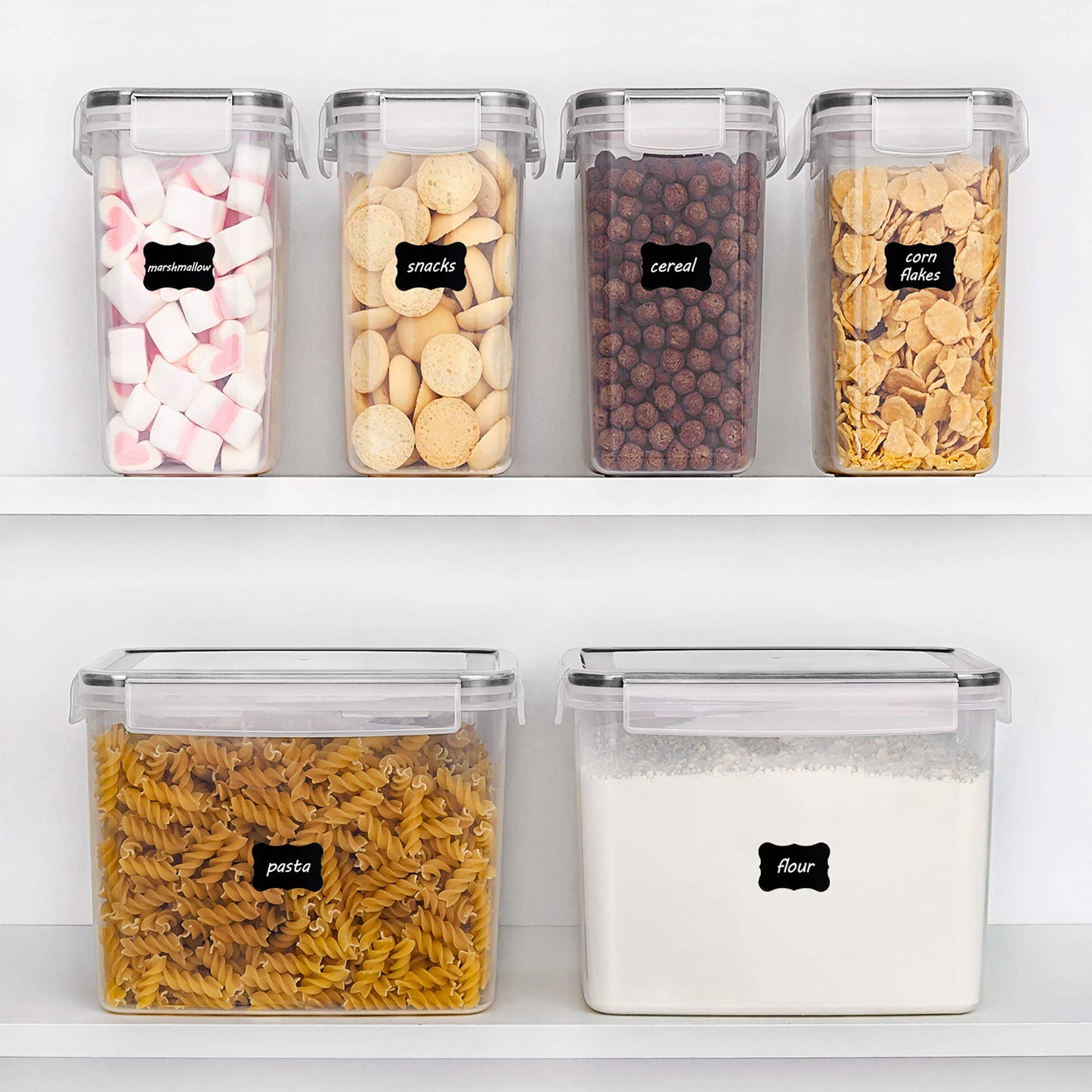 Vtopmart Airtight Food Storage Containers 6 Pieces - Plastic BPA Free Kitchen Pantry Storage Containers for Sugar,Flour and Baking Supplies - Dishwasher Safe - Include 24 Labels, Black