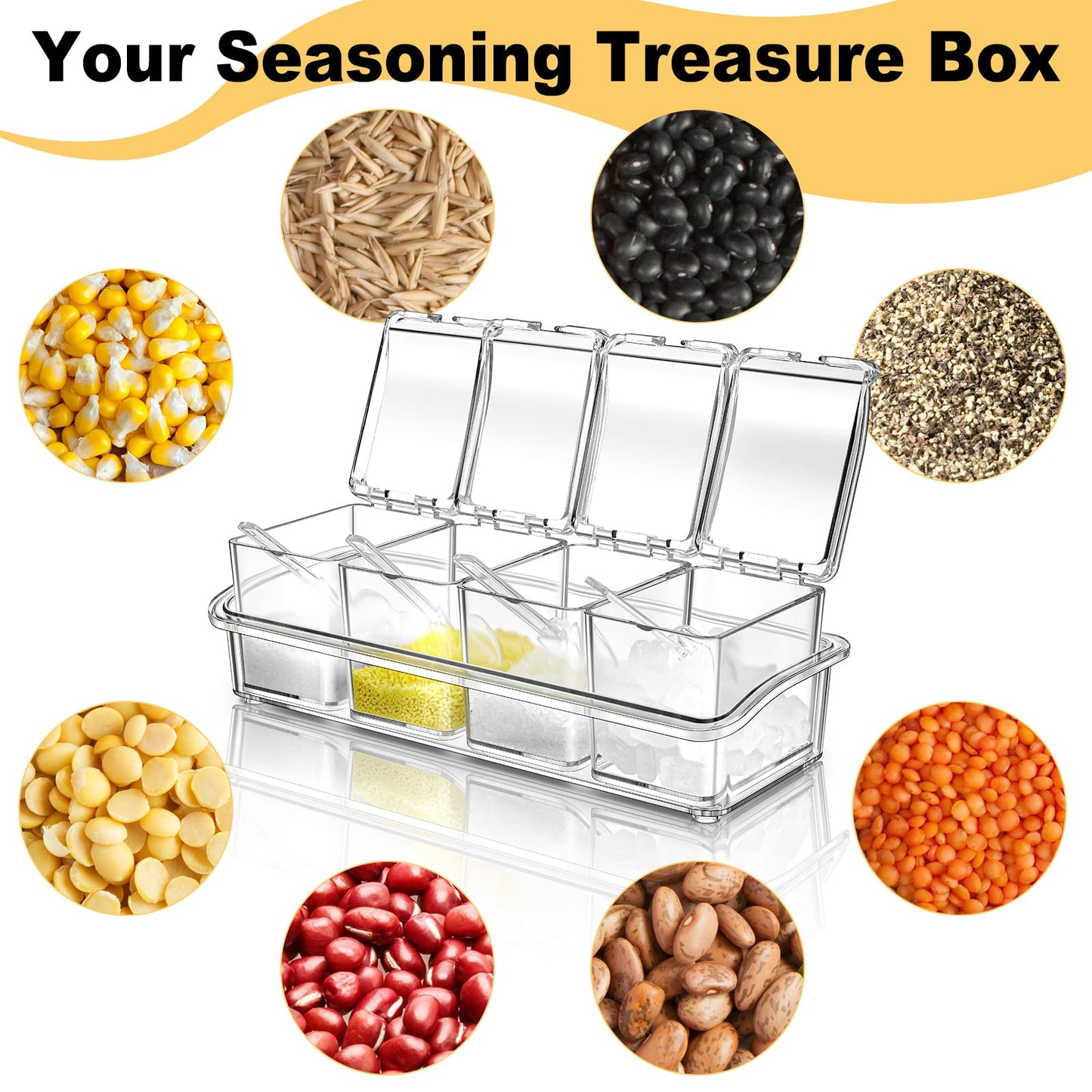 Bokon 4 Set Acrylic Clear Seasoning Box with Spoon, 16 Pcs Kitchen Seasoning Organizer Box Spice Pots Containers Condiment with Lids for Salt Candy Sugar Organizer, 10 x 4 x 3.3 Inch